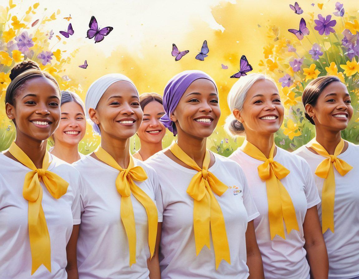A serene scene depicting diverse cancer survivors standing together, united, with warm smiles and uplifting expressions. In the background, vibrant yellow and purple ribbons float in the air, symbolizing hope and resilience. Soft sunlight illuminates their faces, creating an atmosphere of empowerment and community. Surround them with elements of nature, such as blooming flowers and butterflies. watercolor style. bright colors.