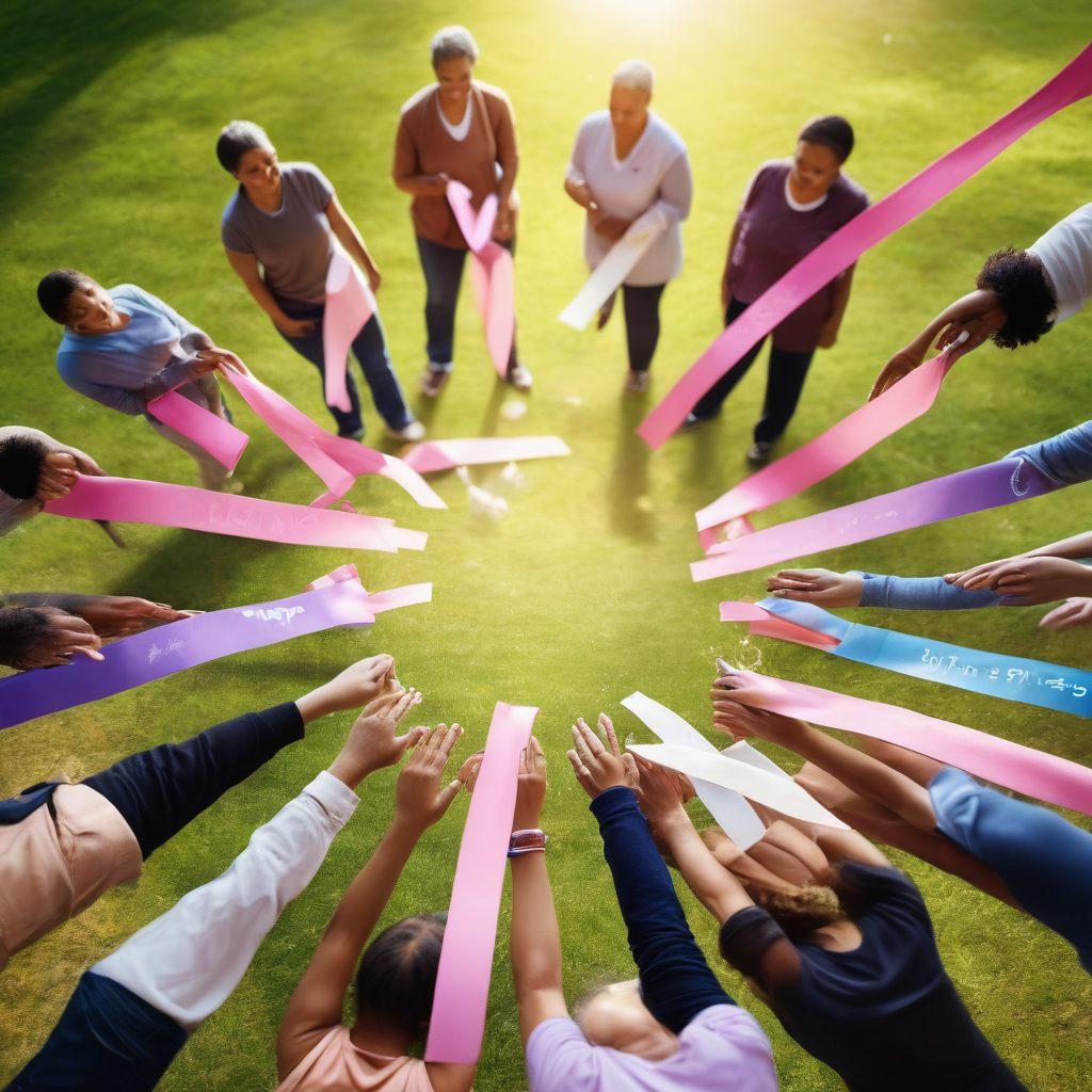 A diverse group of people gathered in a supportive circle, sharing stories of hope and resilience, with ribbons and symbols of cancer awareness in the background. Soft light filters through a sunny park setting, creating a warm and inviting atmosphere. Incorporate elements like banners displaying messages of support and unity. Illustrate a sense of camaraderie and strength among individuals, each with a different background. vibrant colors. super-realistic.